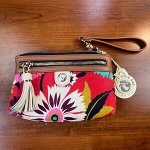 NWT Spartina Floral Natural Linen Genuine Leather Clutch Detachable Strap Tassel